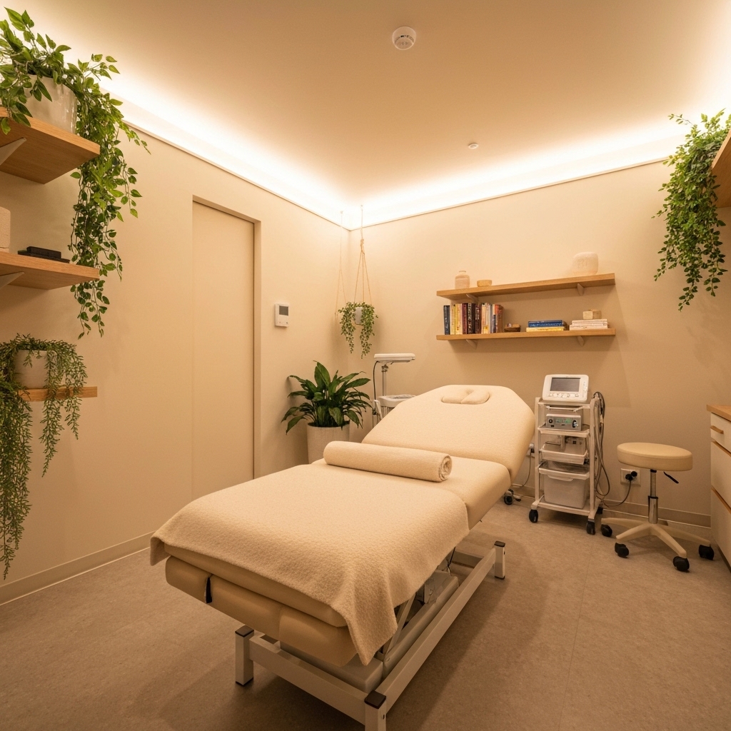 A serene and professional osteopathy consultation room with natural light, showcasing a reassuring atmosphere for patients in Vertou