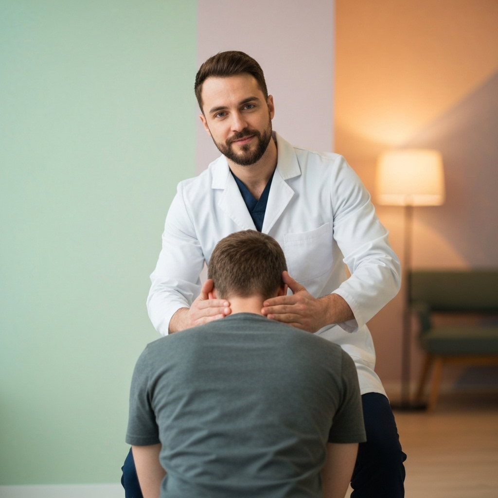 A professional osteopath gently examining a patient's neck in a calm, well-lit modern clinic, conveying trust and relief.