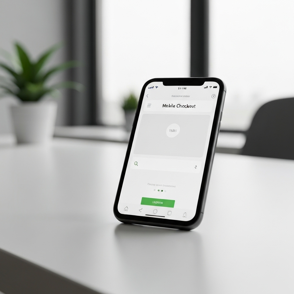 A close up real photo of a smartphone screen displaying a mobile checkout page on a desk in a modern office