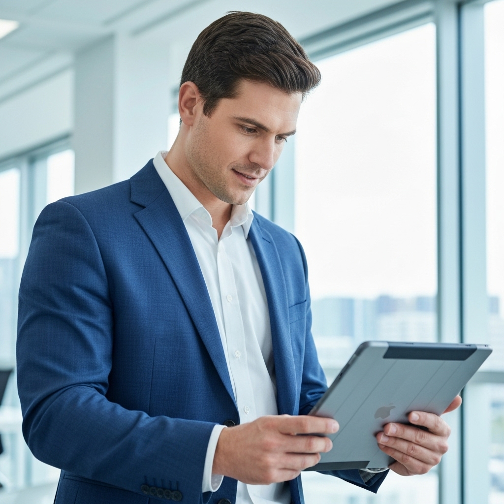 Busy professional looking at a fitness plan on a tablet in a modern office setting