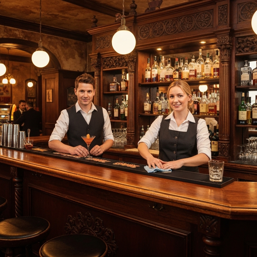 Marco and Béatrice serving drinks behind the wooden bar at Bonanza Pub with vintage decor visible