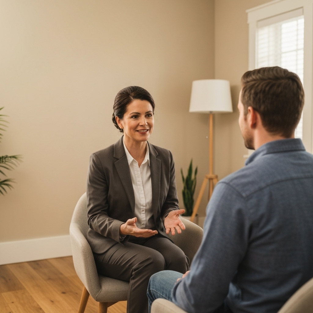 A soothing consultation room with warm lighting, showing a therapist talking gently to a patient
