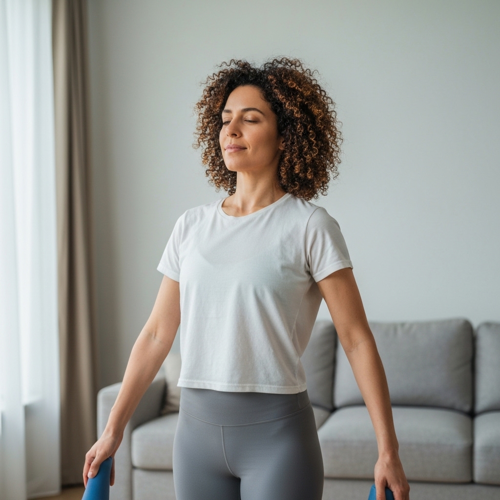 A woman stretching gently in a living room, looking peaceful, focusing on her breath