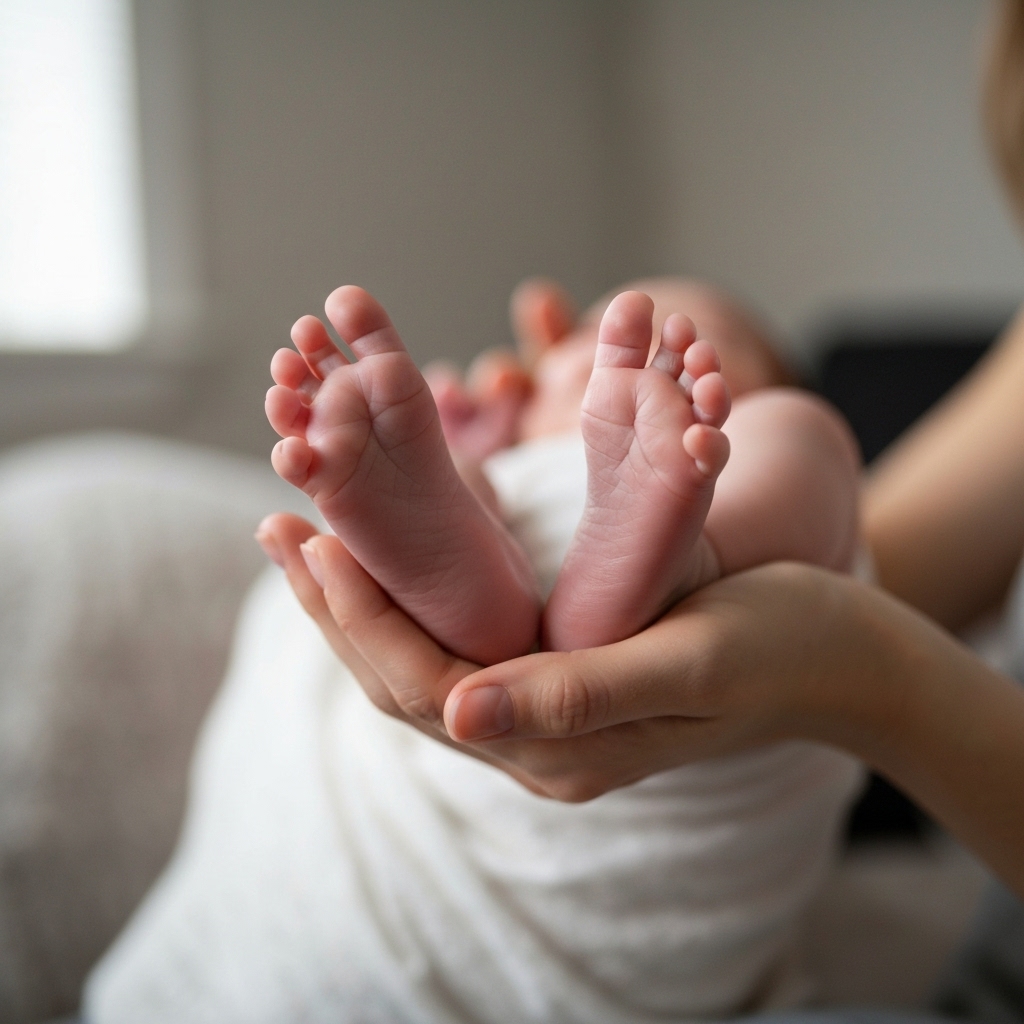 Close up of a newborn baby feet held by parents hands in a cozy home environment with soft natural light