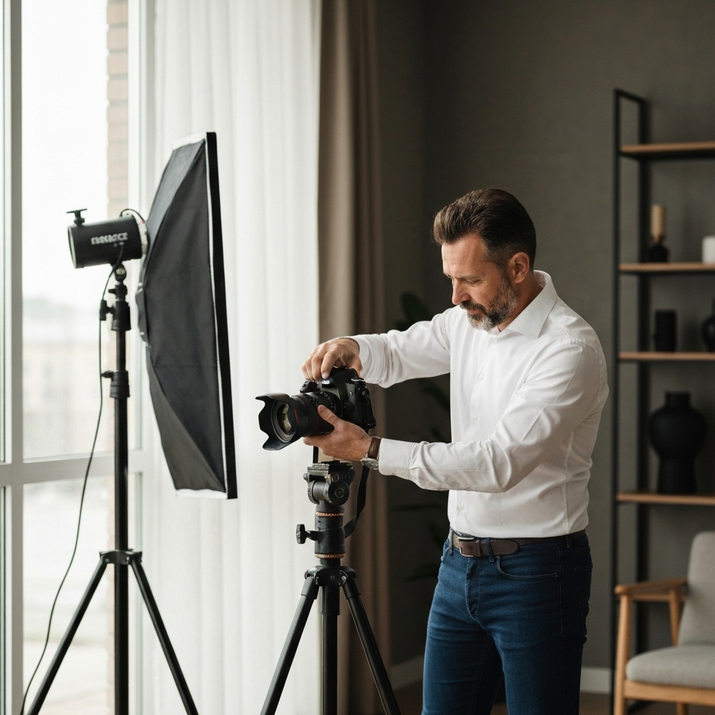 Photographer setting up near a large window in a living room with pushed aside furniture