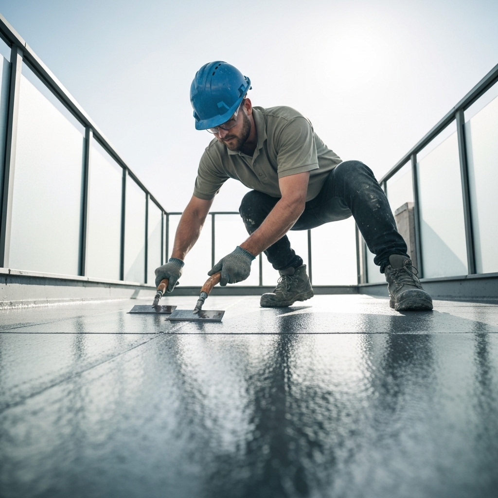 Worker applying liquid waterproofing resin on a balcony floor with precision tools