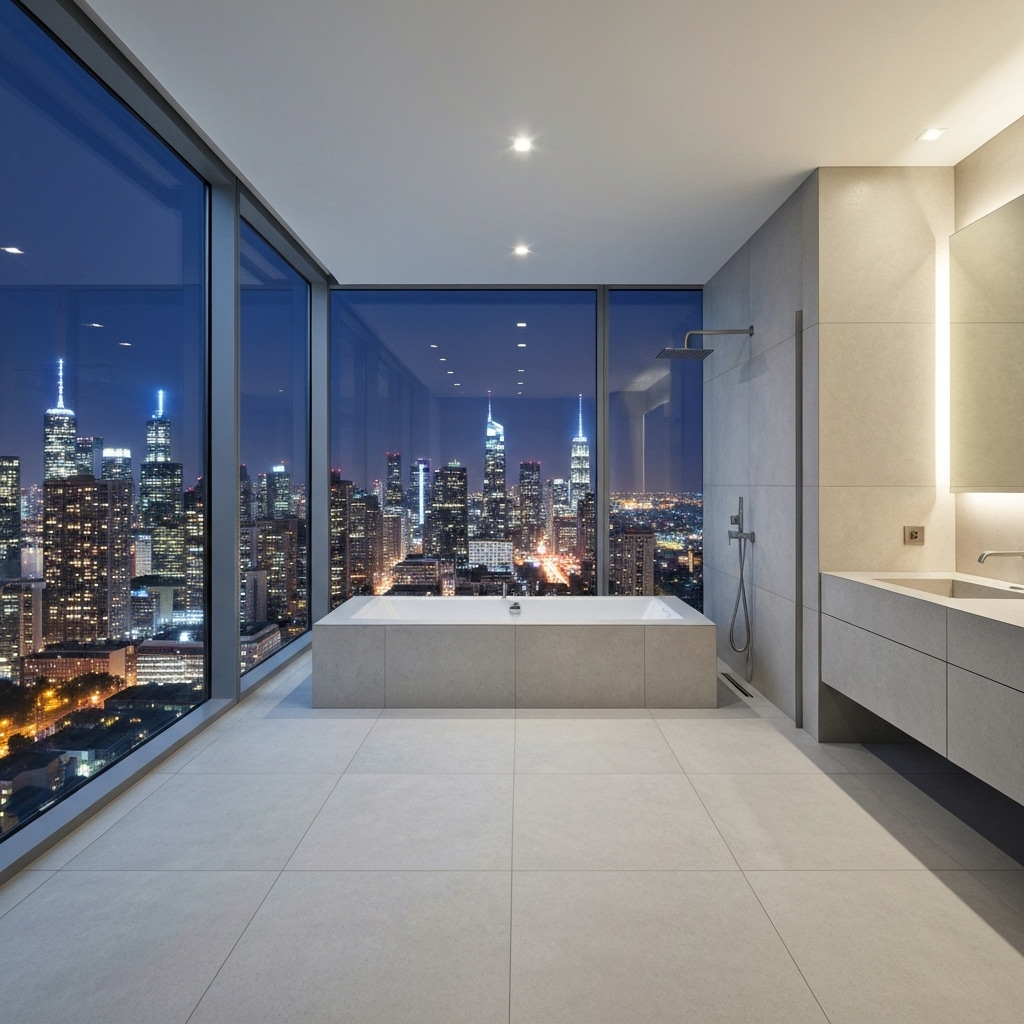 Salle de bain moderne à Genève avec murs et sol en béton ciré gris clair, douche à l'italienne sans joint, ambiance spa luxe