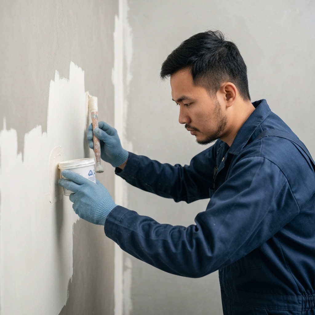 Ouvrier qualifié appliquant une couche de primaire d'accrochage sur un mur de salle de bain avant la pose de béton ciré