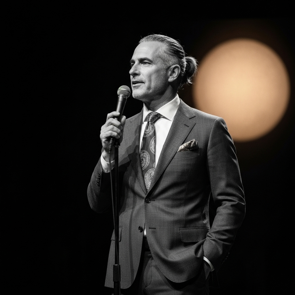 A stand-up comedian on a dimly lit stage gesturing towards a large, visible QR code sign next to the microphone stand.