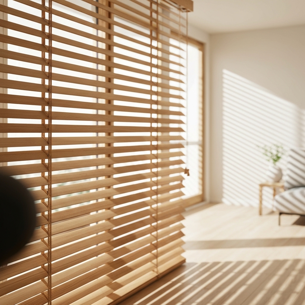High quality wooden venetian blind in a modern swiss living room with sunlight filtering through, cozy atmosphere