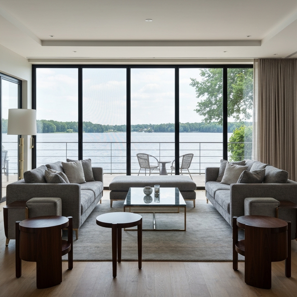 Luxury living room with large windows overlooking Lake Geneva showing a slight tint from the insect screen