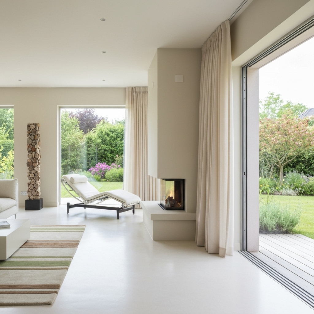 Salon lumineux contemporain avec des touches de décoration tunisienne, tapis berbère et murs blancs, vue sur les montagnes suisses par la fenêtre