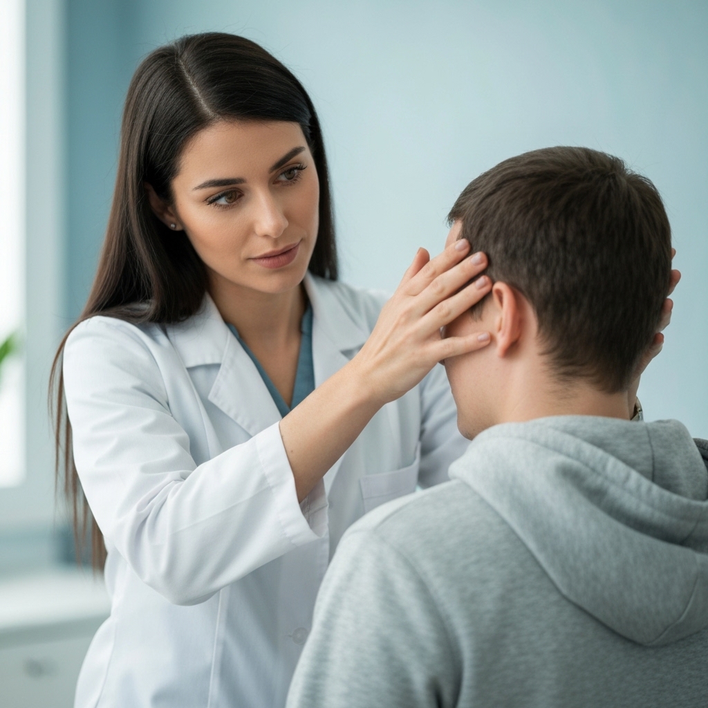 Close up of an osteopath hands gently working on a patient skull in a calm, modern clinic environment with plants in background