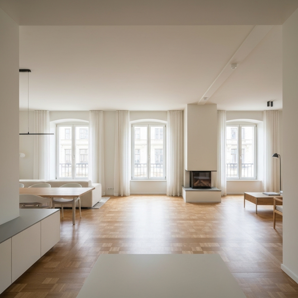 Modern swiss living room interior with beautifully renovated oak parquet flooring, minimalist furniture, natural light streaming through windows