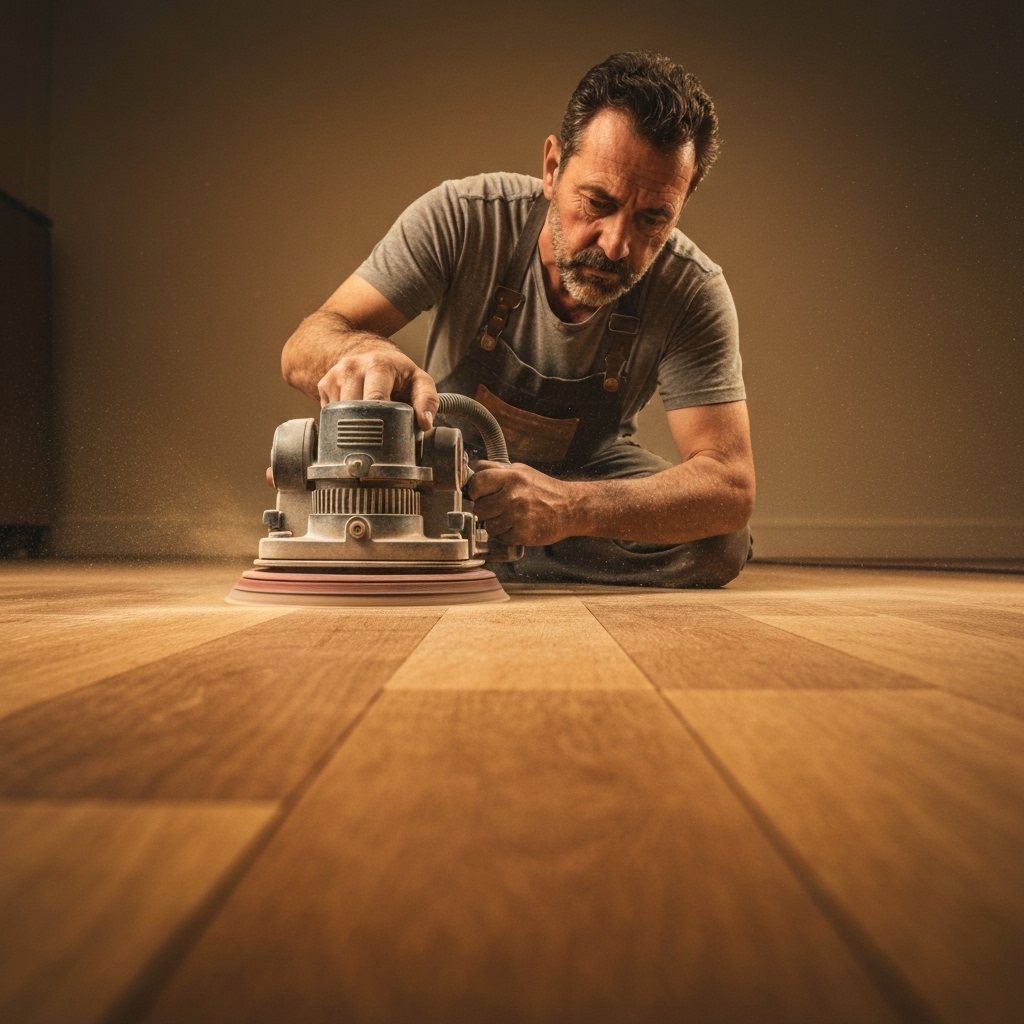 Close up shot of a professional craftsman sanding a wooden parquet floor with modern machinery during a home renovation, dust-free environment, warm lighting emphasizing the wood grain