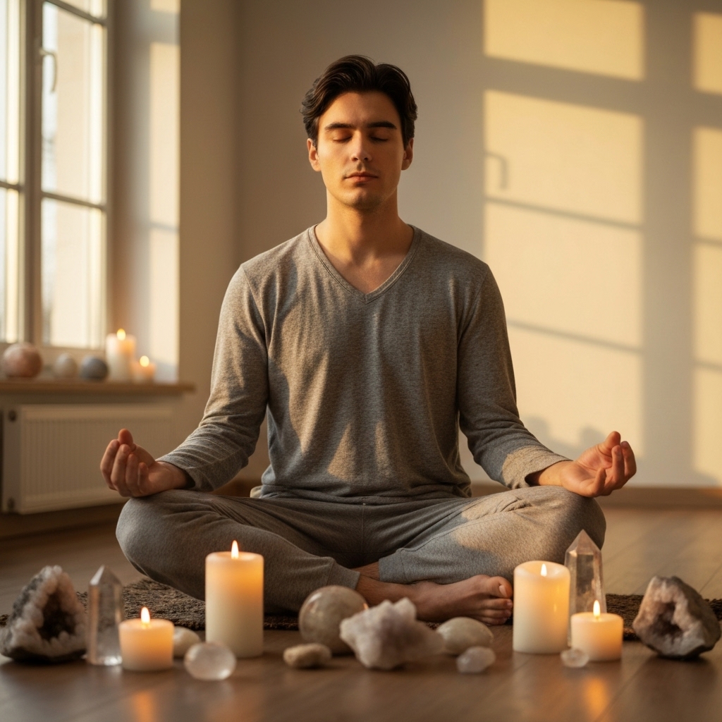 Une personne sereine méditant avec des bougies et des cristaux, ambiance apaisante et lumineuse