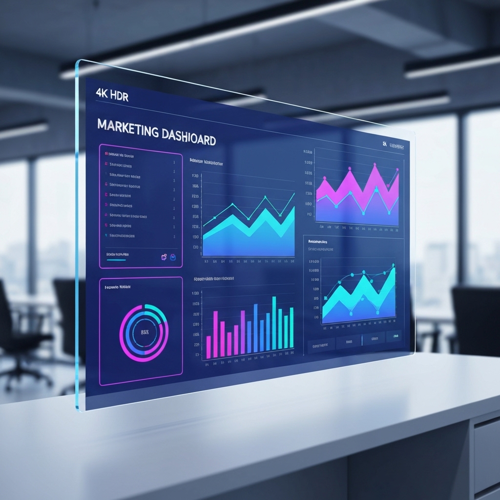 Futuristic digital marketing dashboard displaying analytics and automation flows on a screen in a modern office setting
