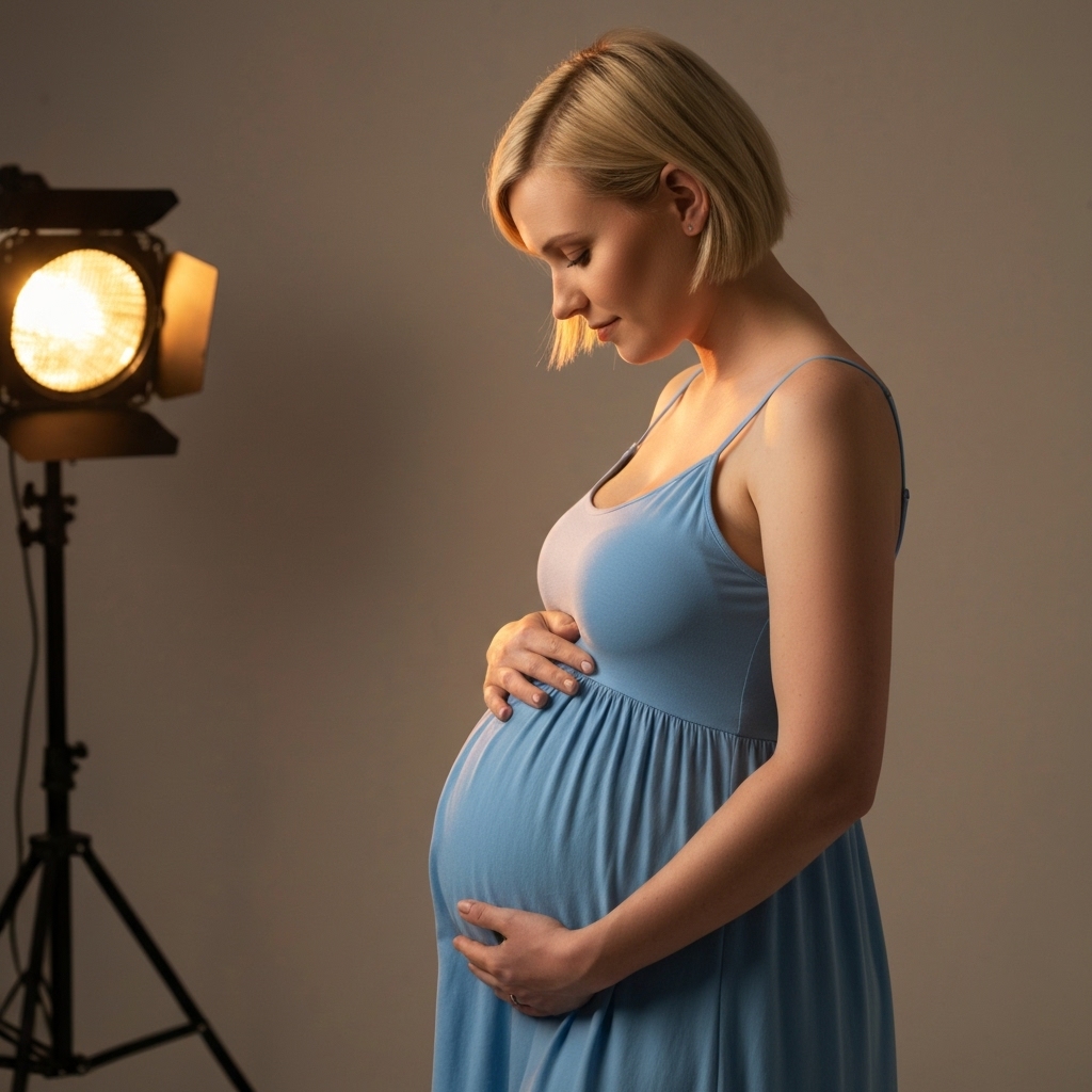 A warm and artistic maternity photo shot in a studio setting with soft lighting