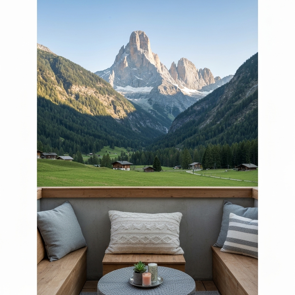 Salon moderne en Suisse avec stores enrouleurs électriques gris, lumière douce, vue sur paysage alpin flou