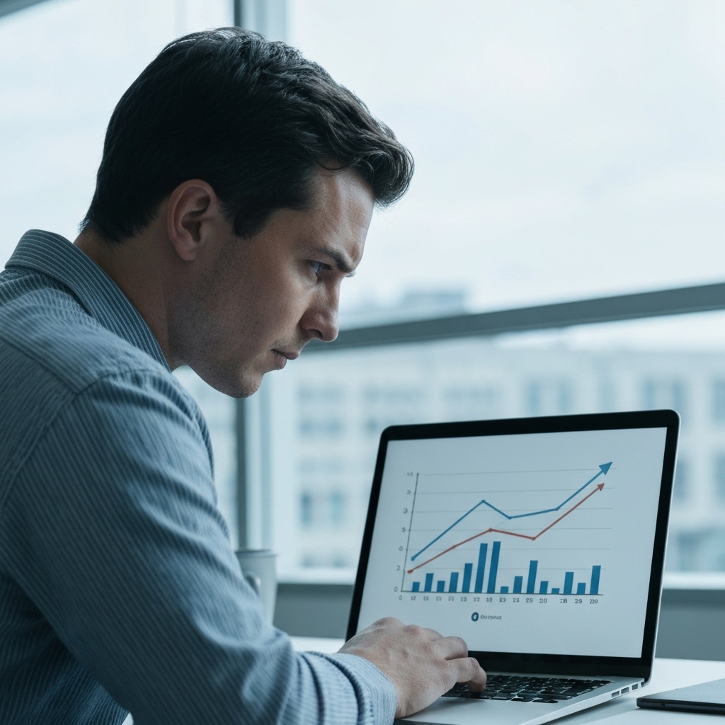 A frustrated entrepreneur looking at analytics on a laptop with a downward trend vs an upward trend graph