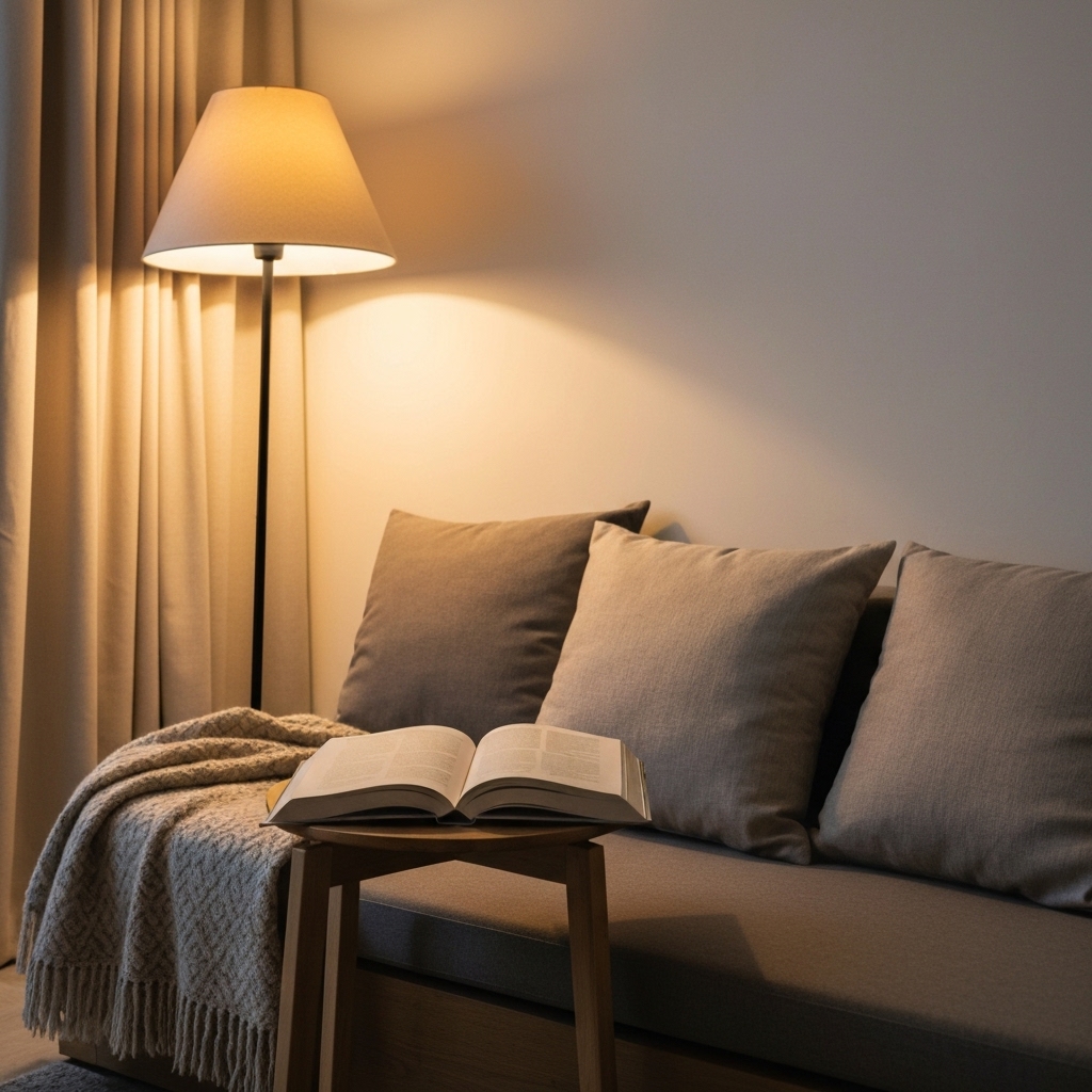 A cozy reading nook providing a sense of safety and calm, suitable for reading about psychology and trauma healing.