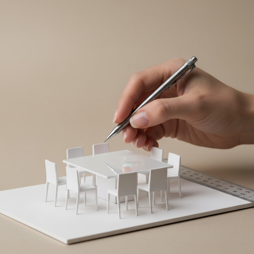 Close up of an interior designer hand drawing a sketch of a modern living room with a pencil and a scale ruler on a wooden table