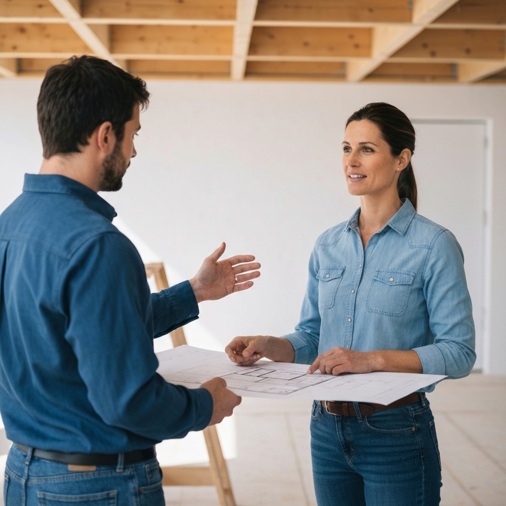 Propriétaire suisse discutant avec un entrepreneur sur un chantier de rénovation avec des plans architecturaux