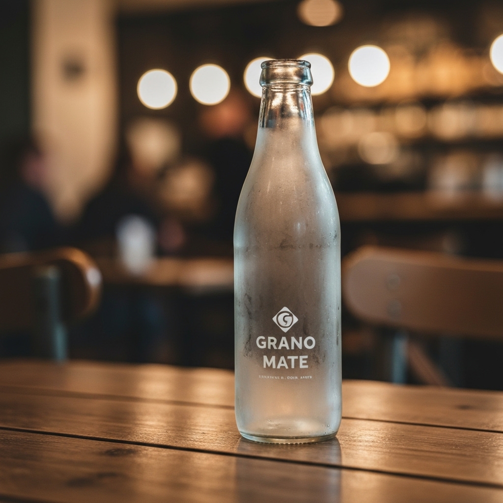 Grano Mate glass bottle on a wooden table in a chic café environment with soft lighting