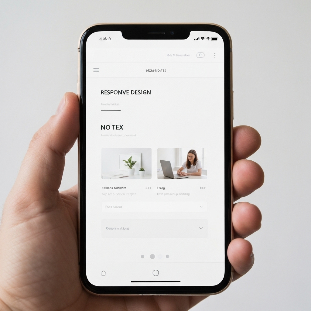 Close up of a smartphone displaying a clean, responsive website interface