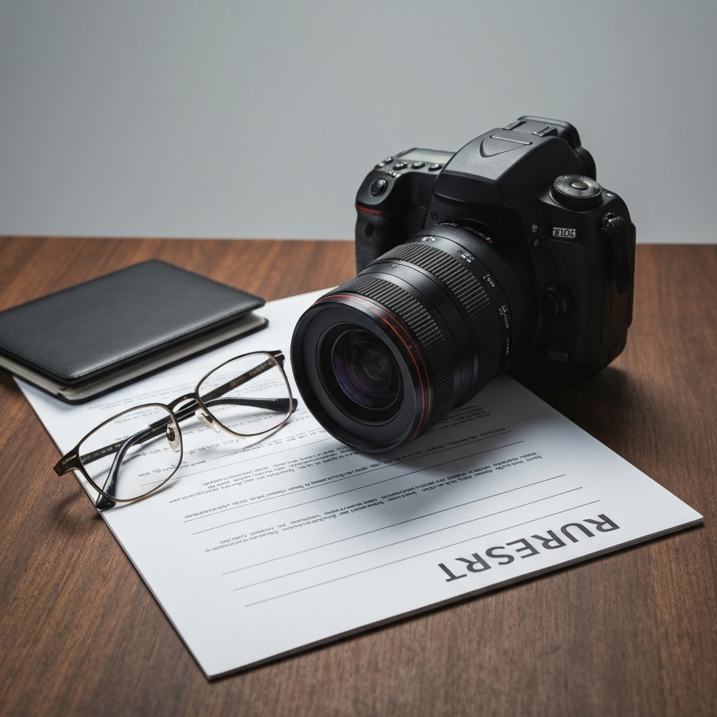 Professional photographer camera lens focused on a resume and glasses on a desk