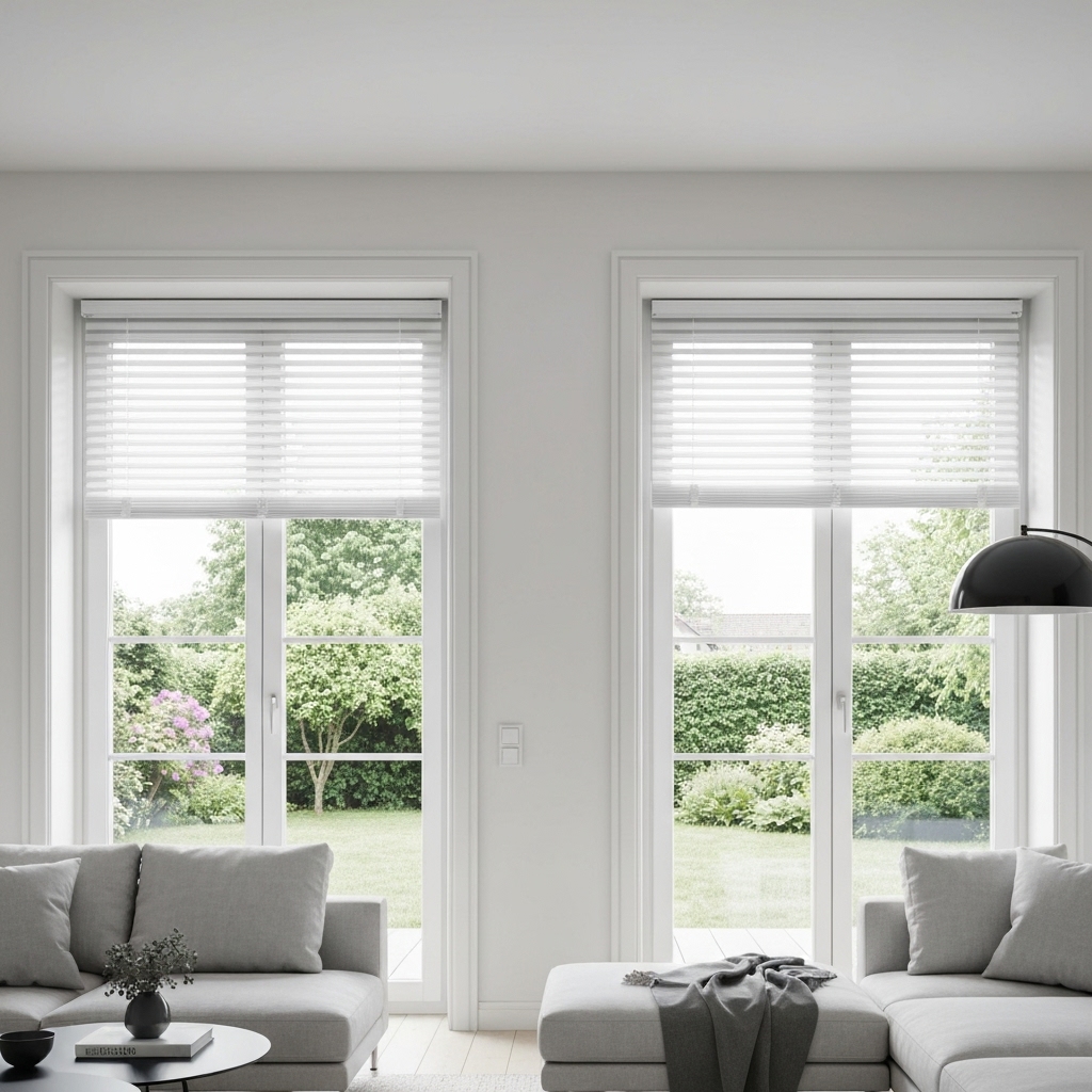 Salon moderne lumineux avec store intérieur électrique horizontal en bois blanc, vue sur un jardin suisse