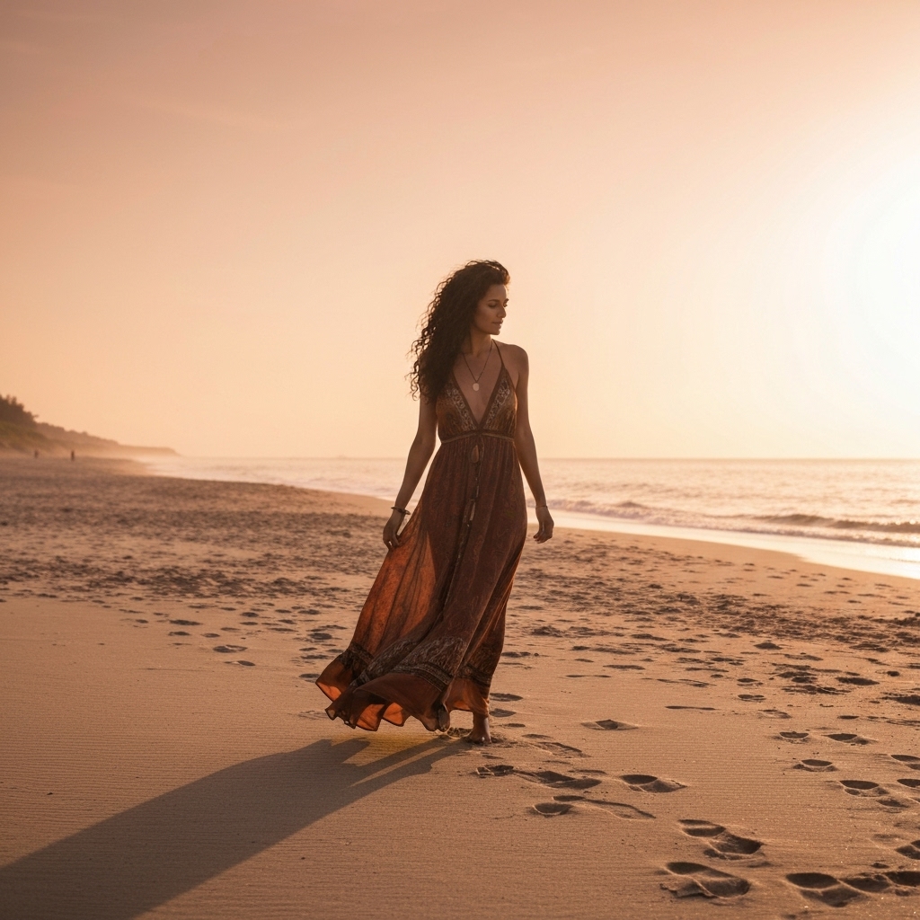 Femme marchant sur une plage au coucher de soleil portant une robe longue bohème style californien