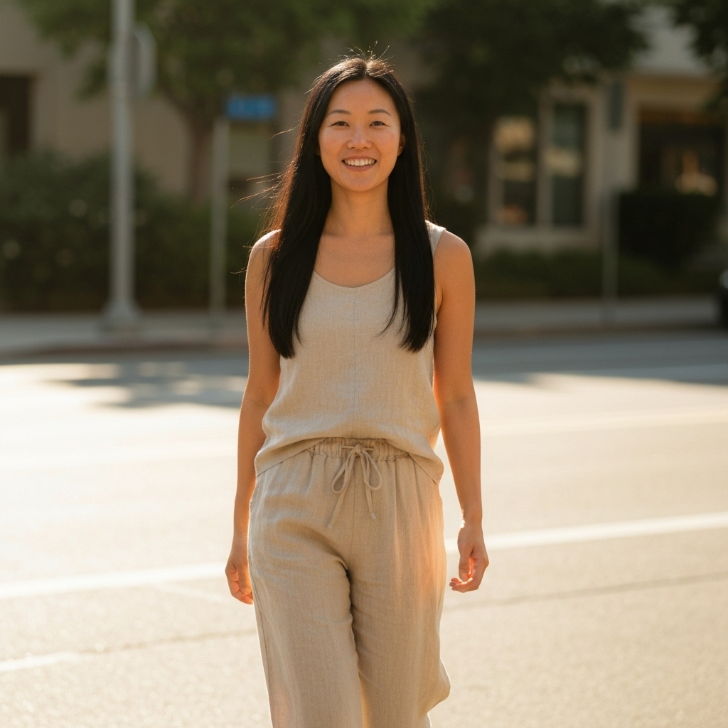 Femme souriante portant un ensemble en lin beige marchant dans une rue ensoleillée