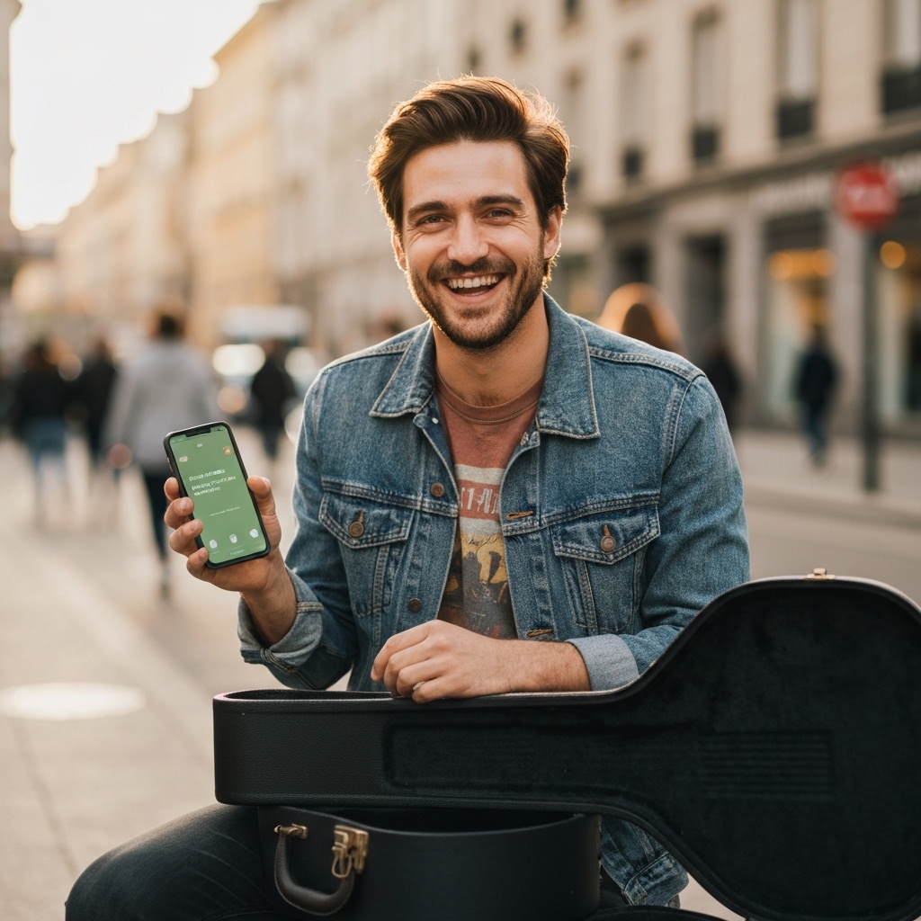 street musician happily pointing to a qr code sign on his guitar case receiving a notification on phone