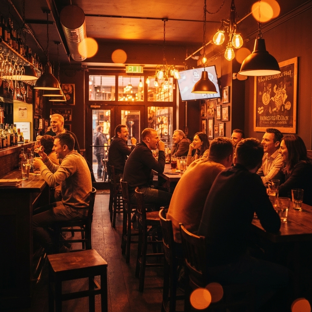 Ambiance chaleureuse et éclairage tamisé dans un bar style pub biker avec des gens qui chantent et rient
