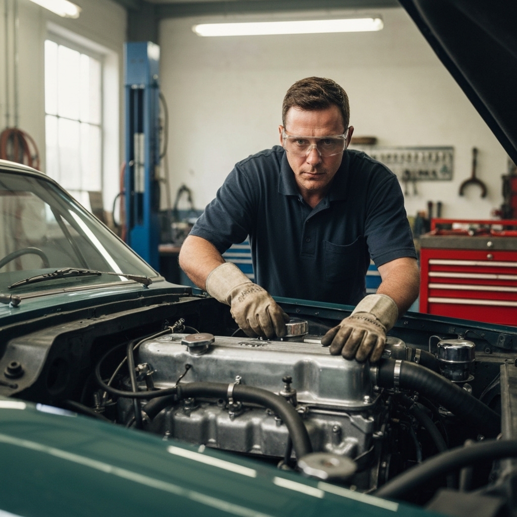 Professional mechanic inspecting the engine of a used utility van in a swiss workshop context