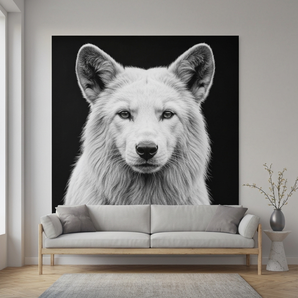 Salon moderne et lumineux avec un grand tableau d'art mural représentant un animal noir et blanc au-dessus d'un canapé design beige