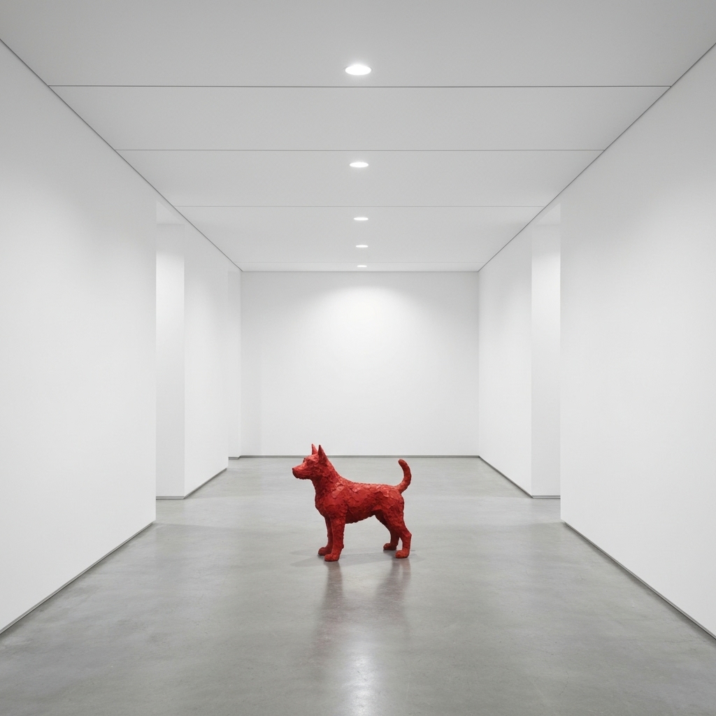 Sculpture de chien en résine rouge vif placée comme pièce maîtresse dans un hall d'entrée d'entreprise minimaliste blanc