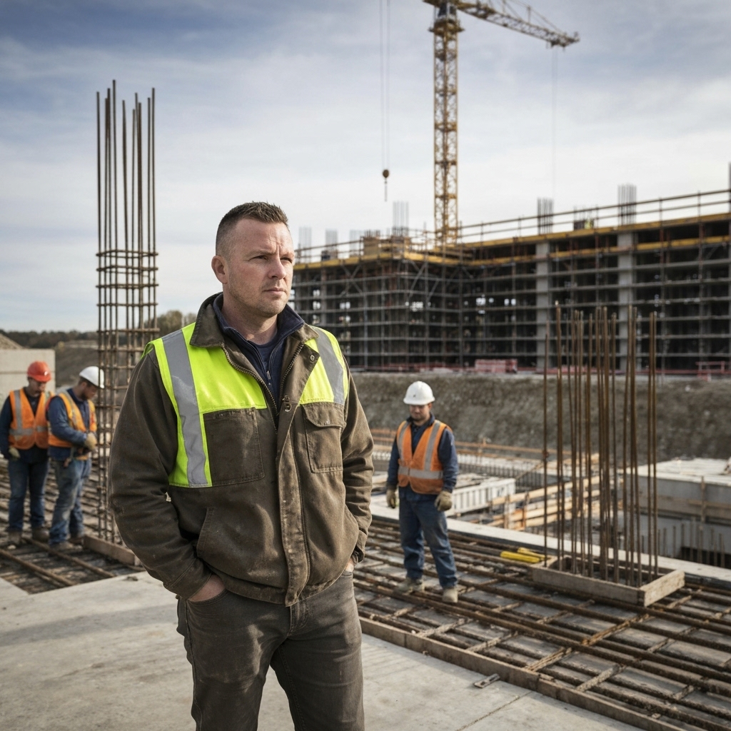 Construction team leader pointing at details on a wall renovation project ensuring quality control