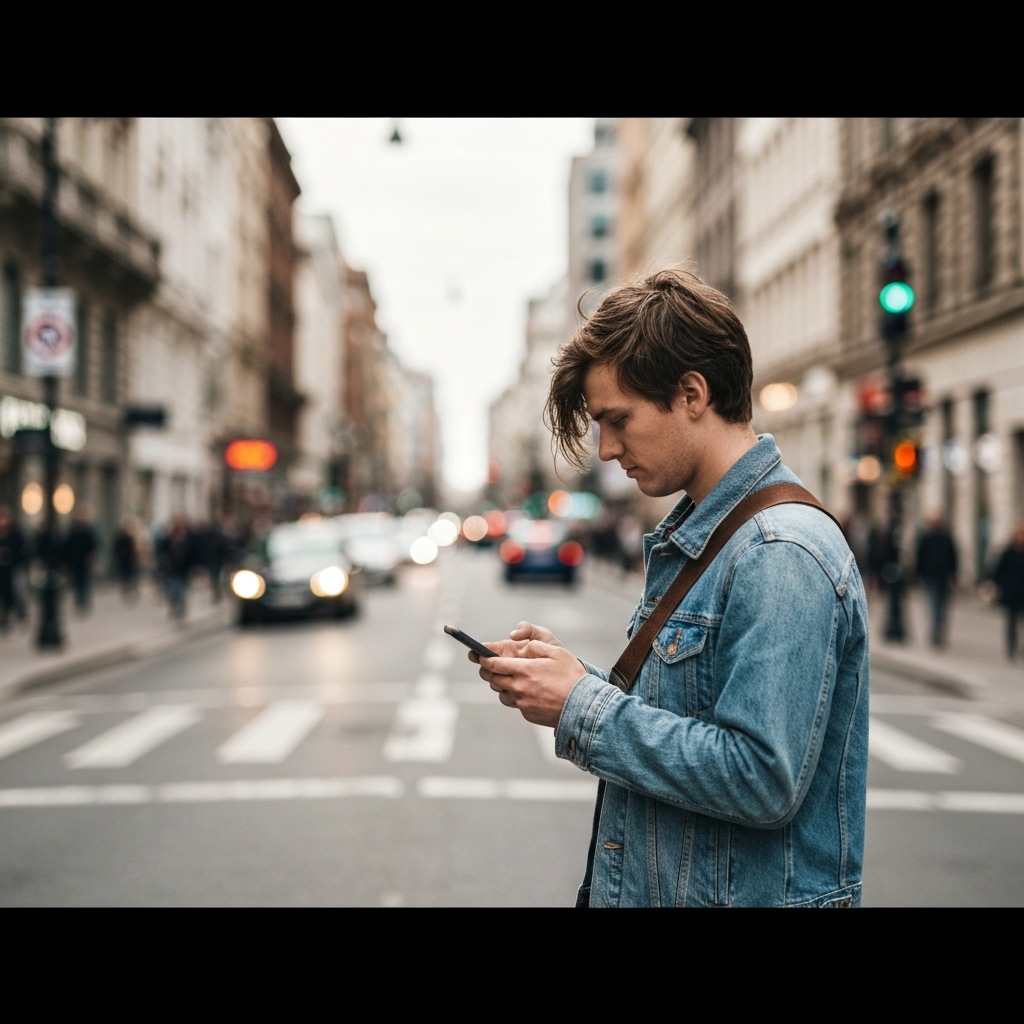 A street musician using a smartphone to manage social connections, blurred city background