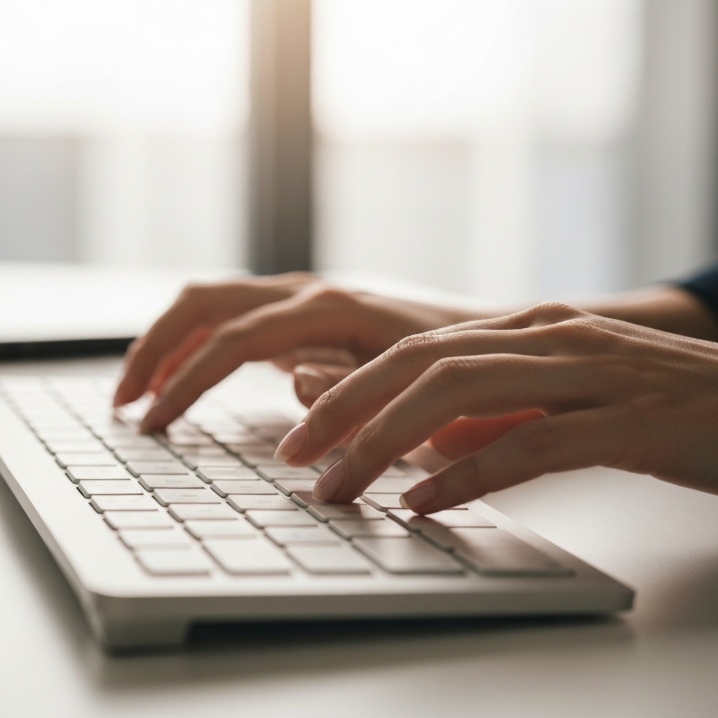 Close up of hands typing on a laptop with code and analytics graphs overlaid in a futuristic style