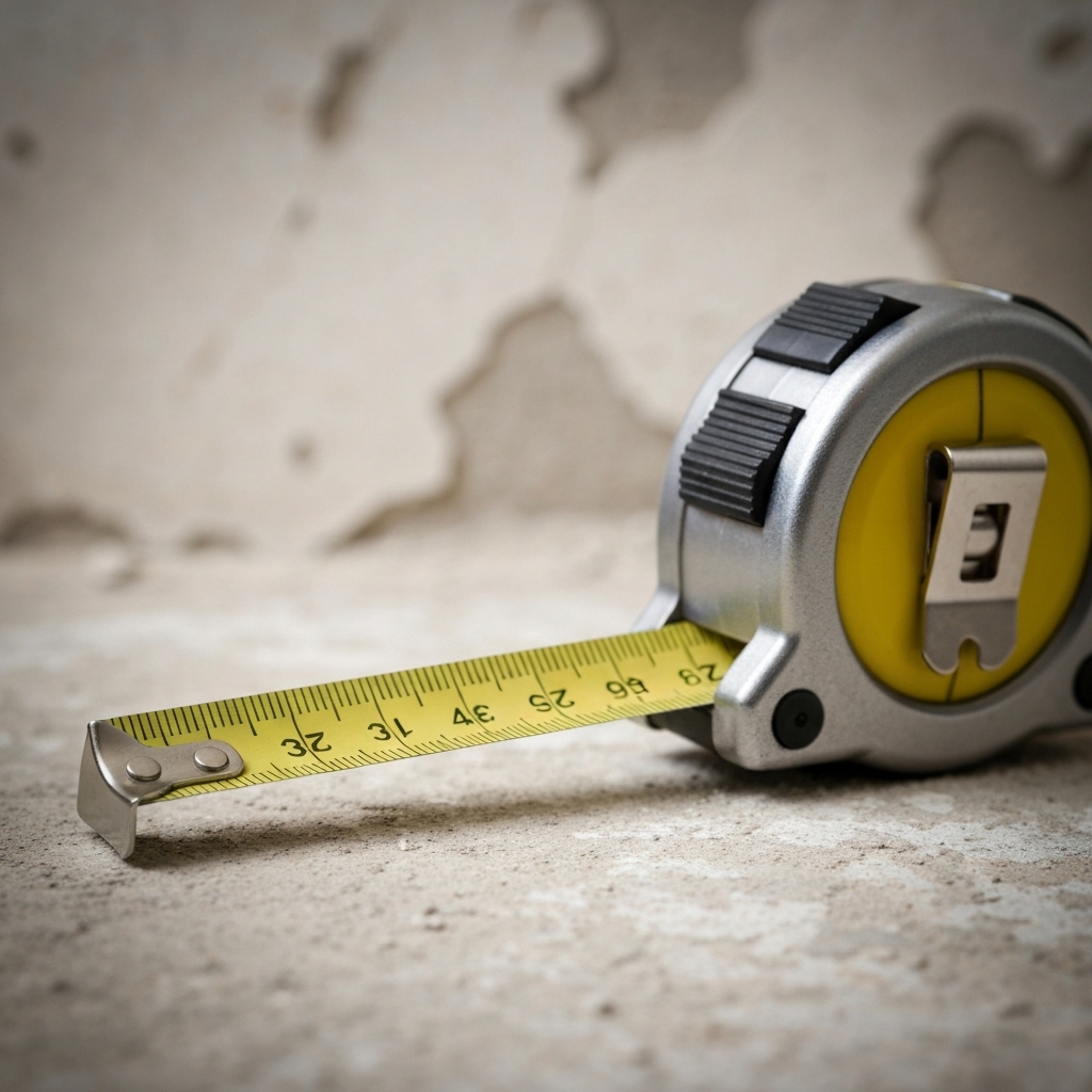 Close up of a tape measure on a blurry background of a wall needing renovation