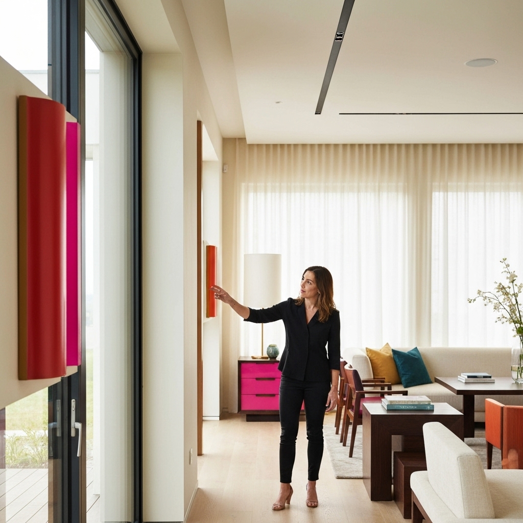 Interior designer explaining blind options to a couple in a modern living room