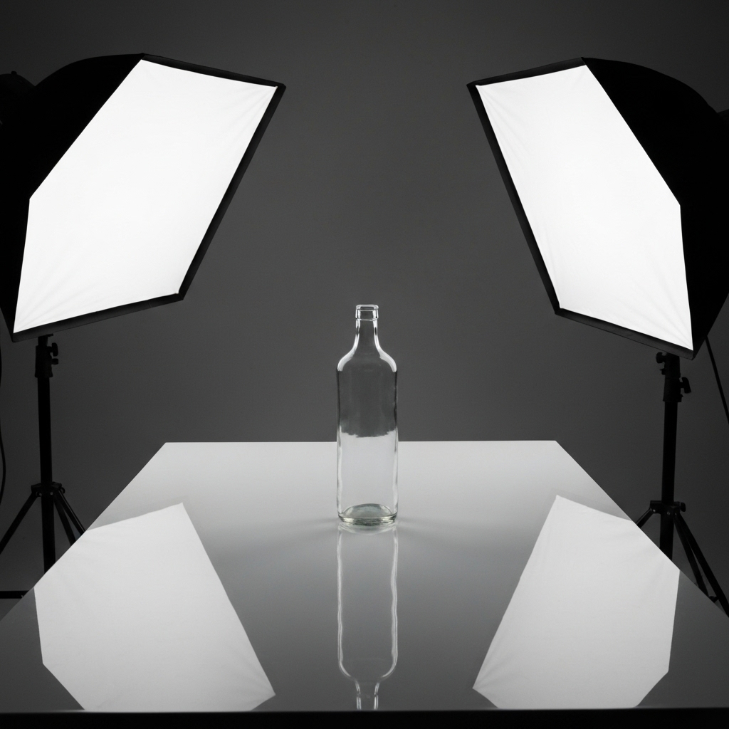 Behind the scenes of a product photography shoot with a bottle on a white table and softboxes