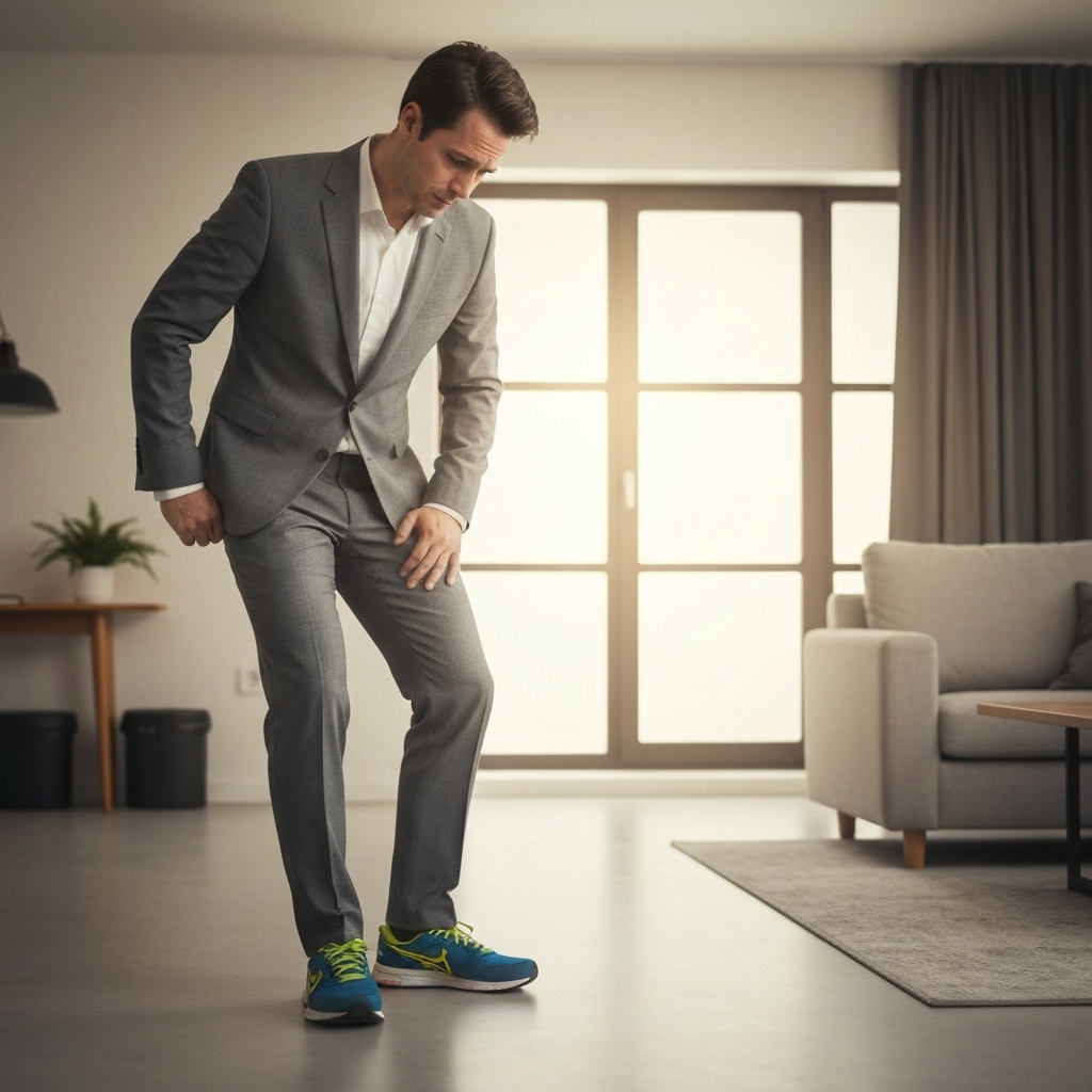 A tired professional in a suit looking at running shoes with determination mixed with hesitation in a modern living room
