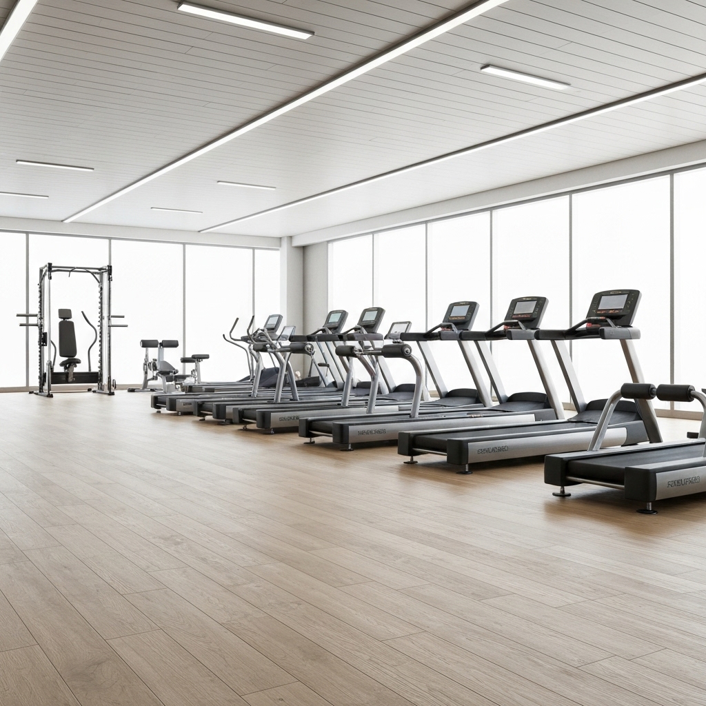 A calm, modern fitness studio interior focusing on high-end equipment and clean space