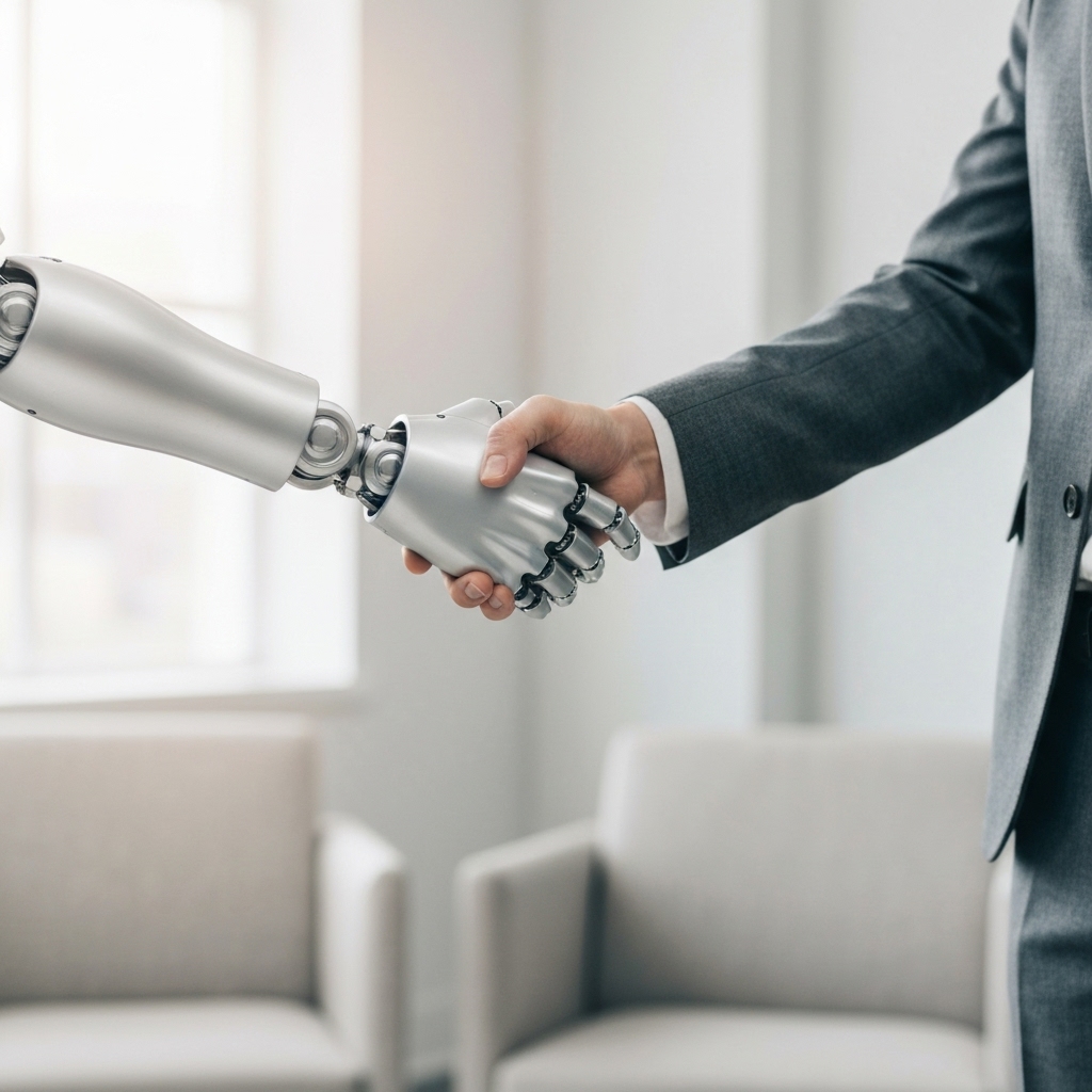 A close up cinematic shot of a robotic hand shaking a human hand over a desk, symbolizing the collaboration between AI and human intelligence