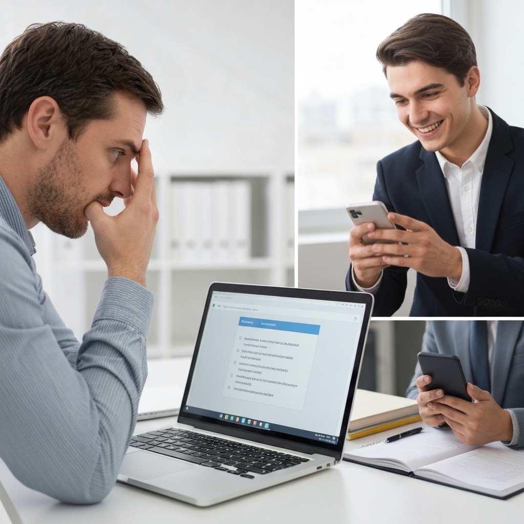 Business owner looking stressed at a laptop screen with wordpress update errors vs a happy person using a mobile phone to build a site