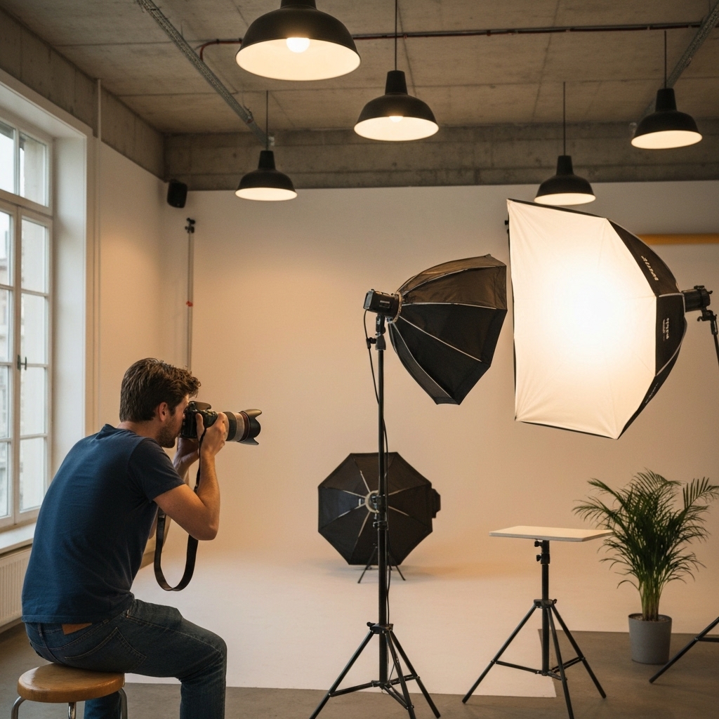 Un photographe professionnel ajustant l'éclairage dans un studio photo moderne à Lausanne avec une ambiance chaleureuse et artistique