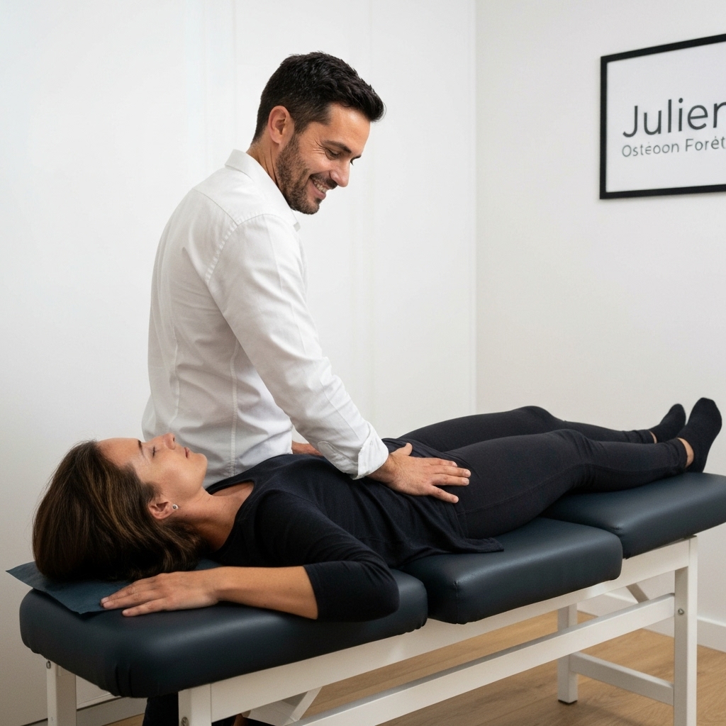 Julien Delhumeau praticien en séance d'ostéopathie douce dans son cabinet lumineux à la Maison Forêt à Vertou